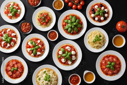 Full table of italian meals on plates Pizza, pasta, ravioli, carpaccio. caprese salad and tomato bruschetta on black background. Top view