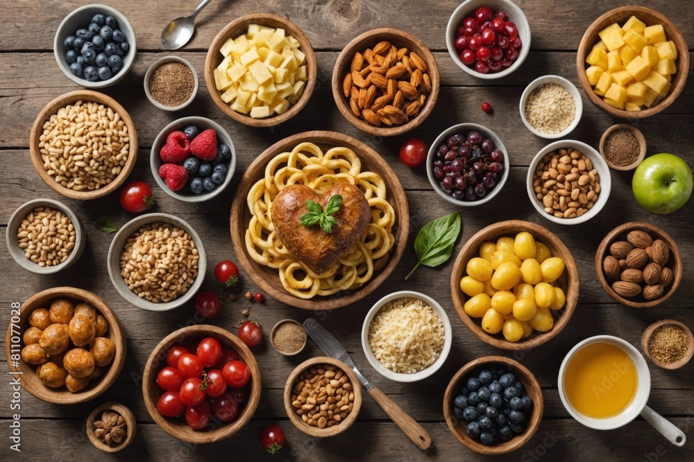 Selection of food that is good for the heart, rustic wood background Selection of food that is good for the heart, rustic wood background