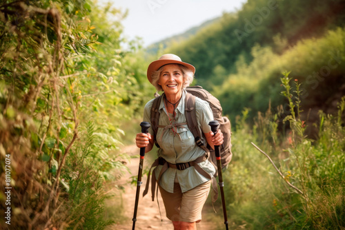 Happy smiling elderly senior woman hiking in the mountains