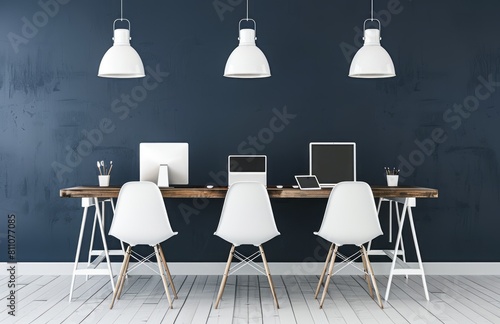 Modern minimalist style, a conference room table with four white chairs and one wooden desk in the center of the picture