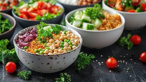  A clear shot of a bowl filled with various vegetables such as tomatoes, cucumbers, and lettuce, set on a table