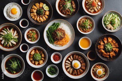 Assortment of Korean traditional dishes. Asian food. Top view, flat lay, panorama