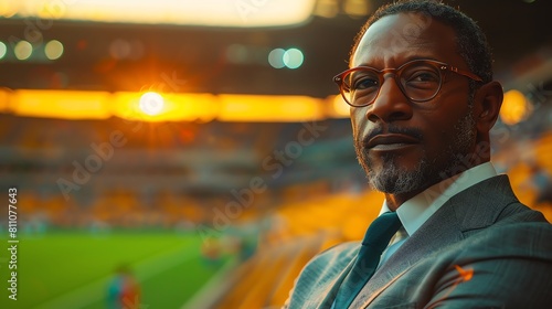 A professional man in a suit and glasses is sitting in a stadium, watching a soccer game. He is looking thoughtful and pensive. photo