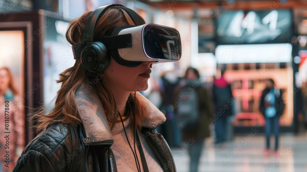 Young woman using virtual reality headset in the shopping mall. Virtual reality concept Young woman using virtual reality headset in the shopping mall. Virtual reality concept