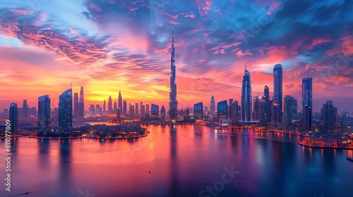 A stunning cityscape of Dubai, United Arab Emirates, featuring the iconic Burj Khalifa, the world's tallest building. © Parinwat Studio