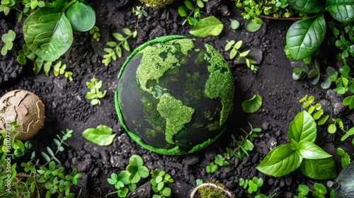 Fototapeta Naklejka Na Ścianę i Meble -  Green planet earth with green plants on soil background. Earth Day concept