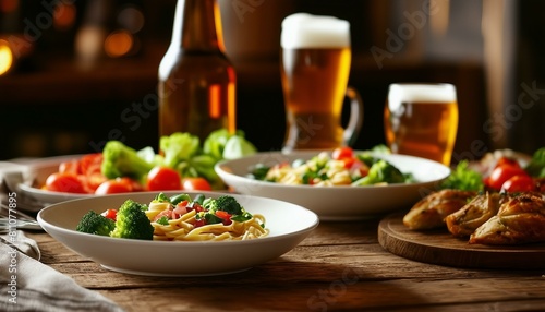 On a wooden dining table, two white bowls hold assorted foods near glass bottles and beer cups. Neatly arranged broccoli enhances the cozy ambiance for social or relaxed home dining.