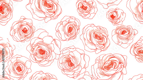 Line art red roses seamless pattern on white background 