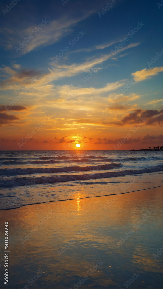 Sundown Serenade, Breathtaking Tropical Sunset Over Beach, Inviting Summer Travelers
