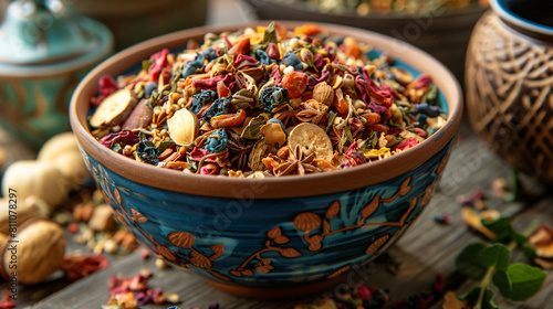 Dry fruit tea in bowl closeup