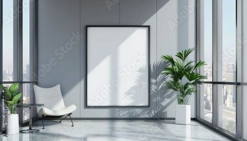 A large white wall with a black frame and a city view in the background by AI generated image