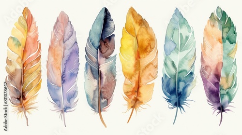 Set of watercolor feathers. Hand drawn boho illustration. © chotirot