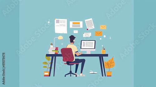 ELearning. A mans character is sitting at a desk stud photo