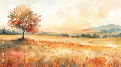 The image is of a watercolor painting of a rural field with a tree. The warm colors and soft brushstrokes create a peaceful and serene atmosphere.