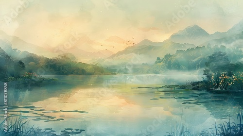 The watercolor painting shows a beautiful lake and mountains in the distance