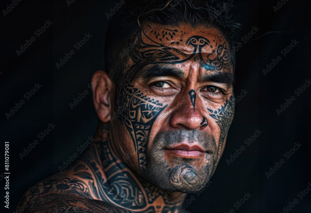 Portrait of Maori man in his 30s with facial tattoos
