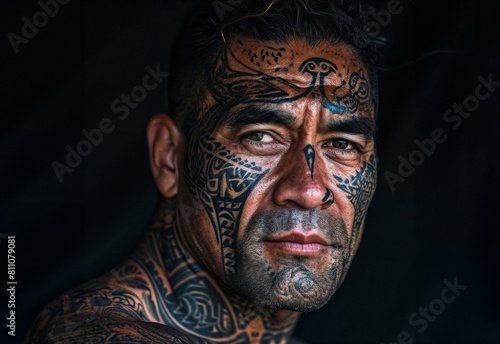 Portrait of Maori man in his 30s with facial tattoos