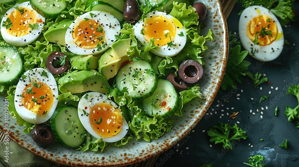 A bowl with lettuce, eggs, and olives on a green cloth beside a spoon A bowl with lettuce, eggs, and olives on a green cloth beside a spoon