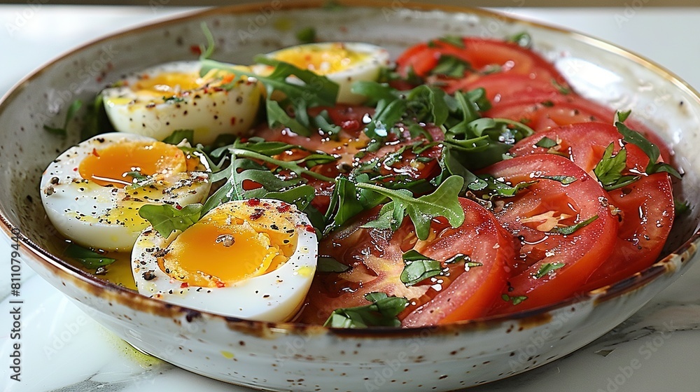 A zoomed-in image of an egg, tomato, and parsley-topped dish on a table surface A zoomed-in image of an egg, tomato, and parsley-topped dish on a table surface
