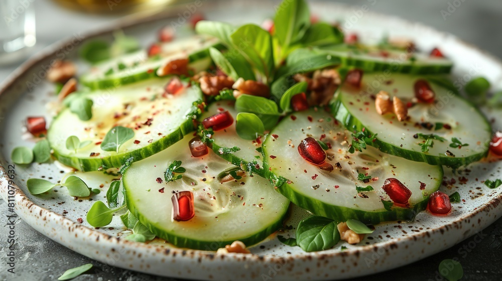 A close-up of a plate with cucumber slices and other foods A close-up of a plate with cucumber slices and other foods
