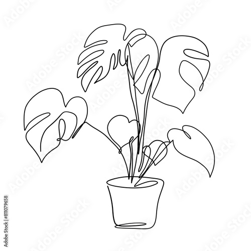Continuous one line drawing of house plant flowers in a pot. Tropical flower in a pot single outline vector illustration. Editable stroke.