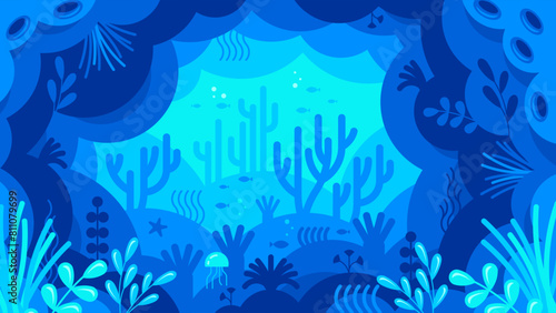 Underwater landscape. Sea with fish and coral reef. Underwater background with seaweed and fish silhouettes. Flat style background
