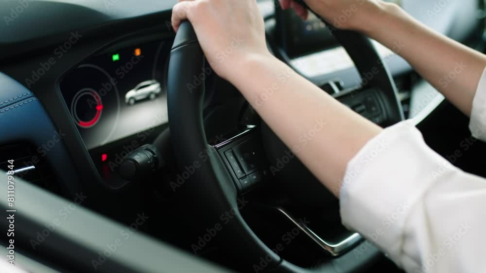 Business woman in her new modern car. A middle-aged woman is happy to buy a new car. The concept of modern automotive technology. Business woman in her new modern car. A middle-aged woman is happy to buy a new car. The concept of modern automotive technology.