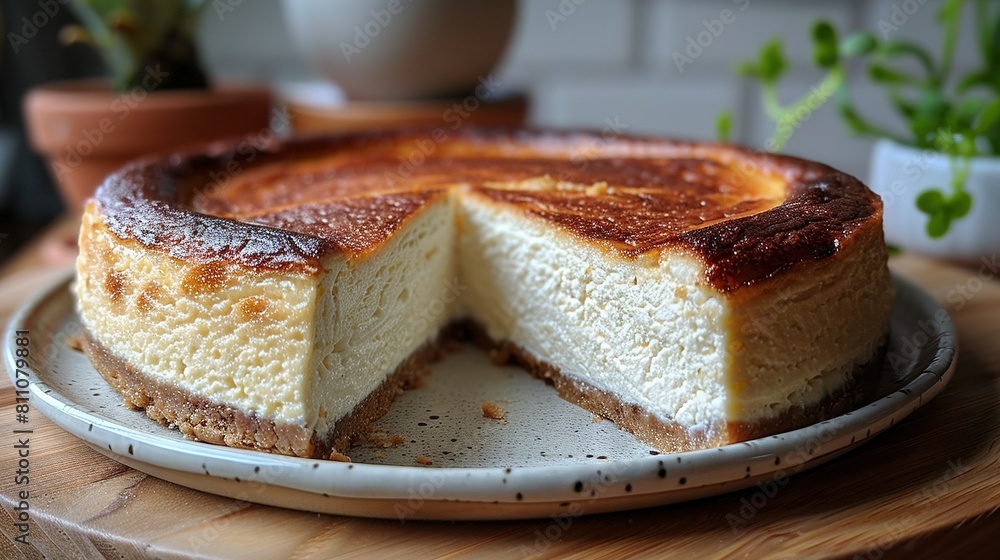 A close-up of a cheesecake on a plate, with a sliced piece beside a potted plant A close-up of a cheesecake on a plate, with a sliced piece beside a potted plant