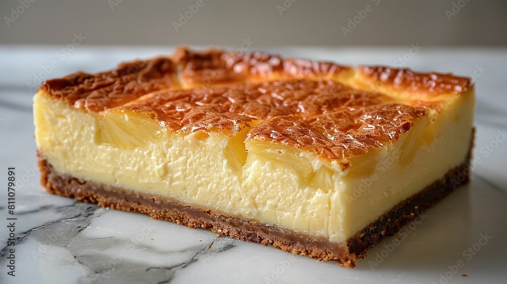 A cheesecake sits on a marble counter, near a cake on a plate A cheesecake sits on a marble counter, near a cake on a plate