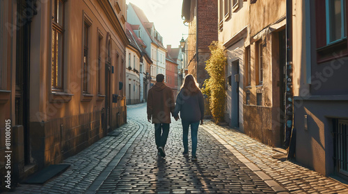 A couple walks hand in hand along the cobbled streets of a European city. Images are generated by AI