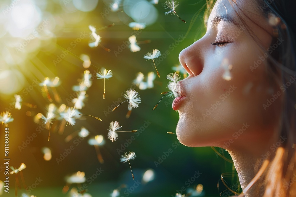 A young woman playfully blows dandelion seeds. A young woman playfully blows dandelion seeds.