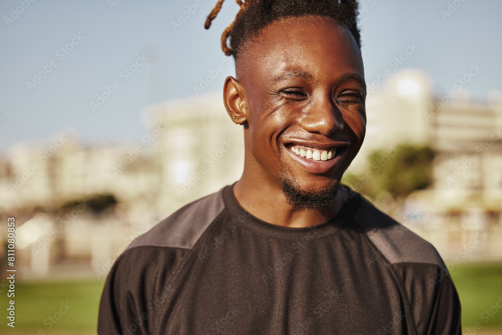 Portrait, sun and black man in nature for workout, fitness and training outside in summer. Face, happy and exercise routine for health and wellness, cardio and sports in park for athlete or runner Portrait, sun and black man in nature for workout, fitness and training outside in summer. Face, happy and exercise routine for health and wellness, cardio and sports in park for athlete or runner