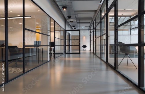 Modern office interior with glass and white walls  a desk in the center of an open space  and LED lighting on one wall