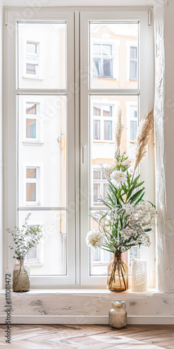 Minimalist interiors in neutral colors with a window illuminating the room. Interior design composition with minimal furniture and decor.