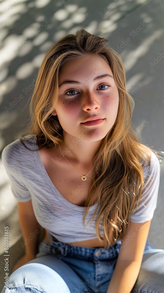 Fototapeta premium Smiling Teen Girl in 2002 Wearing Casual Summer Outfit 