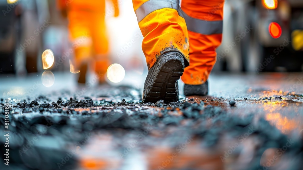 Supervising asphalt paving with road roller. road workers in reflective gear on construction site Supervising asphalt paving with road roller. road workers in reflective gear on construction site