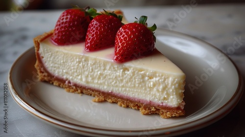   A slice of cheesecake with three strawberries on top  displayed on a white plate on a marble table
