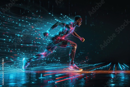 Hologram, athlete and running for wellness, exercise for healthy lifestyle and track heart rate.