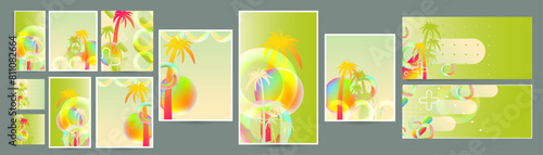 Set Bright palm trees summer backgrounds colorful 3d holiday vector illustration. Set Comfortable backgrounds graphic design poster flyer leaflet party