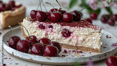  White plate holds a cherry-topped cheesecake and a bowl of cherries