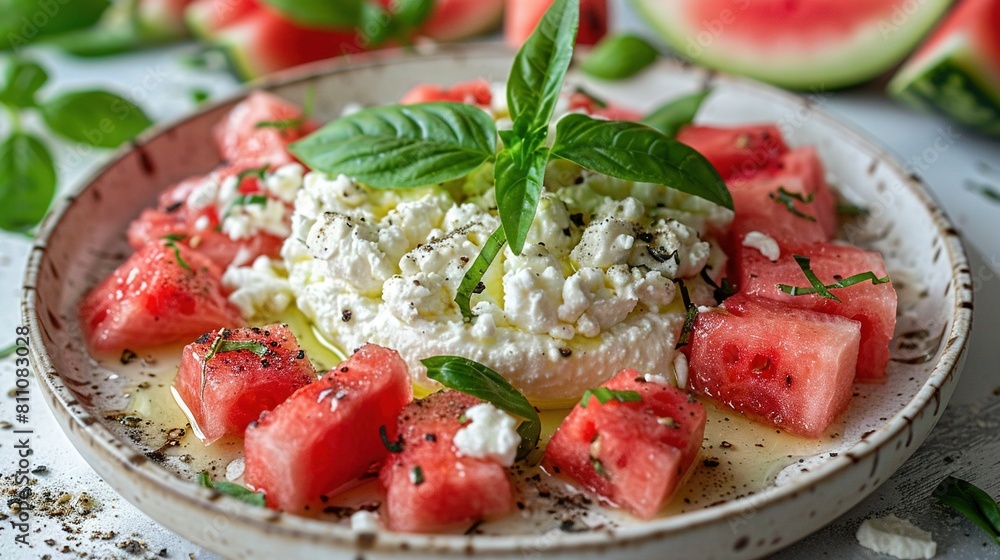 Watermelon, feta, basil on white tablecloth with melon leaves Watermelon, feta, basil on white tablecloth with melon leaves