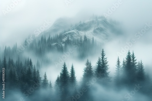 nature fog landscape forest tree mountain winter season mist weather snow background travel environment © Rayhanbp