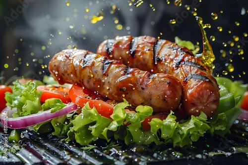 Mouthwatering hotdog sausages, expertly cooked and kept warm, topped with crisp lettuce, ripe tomatoes, aromatic onions, and vibrant peppers