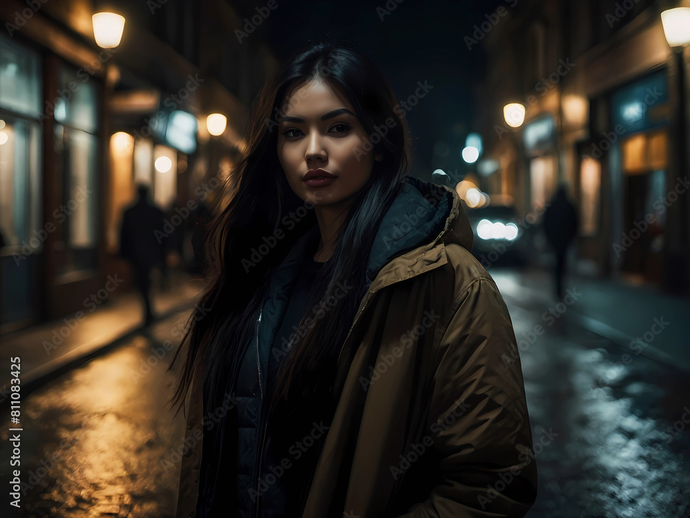 Beautiful brunette in a jacket on the night street Beautiful brunette in a jacket on the night street