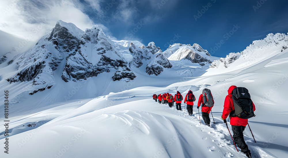People with backpacks climb a snow-covered mountain