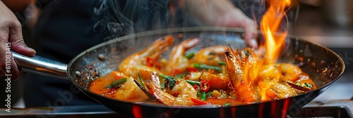 A sizzling hot pan showcases the vibrant hues of a freshly prepared Tom Yum Goong, a traditional Thai soup teeming with succulent shrimps. The flaming pan adds a layer of excitement to this spicy, photo