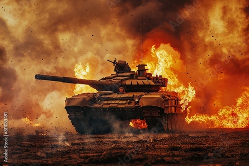 An armored military tank finds itself in the midst of a perilous situation, with a raging flame threatening to consume it. Despite the imminent danger, the tank stands as a formidable force,