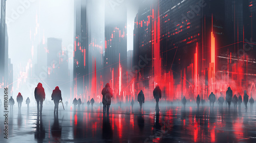 Economic crisis concept shown by declining graphs and digital indicators overlap modernistic city background. Double exposure.