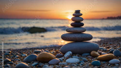 Sunset meditation, a stack of Zen stones amid the calming hues of dusk, invoking serenity on the beach.