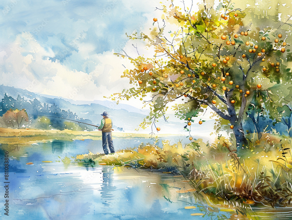 Fishing View in style of Watercolor, Natural Scene, Forest and Lake, Mountain and Rock Fishing, Wallpaper, Scrapbooking, Background, Wall art, Paper prints Fishing View in style of Watercolor, Natural Scene, Forest and Lake, Mountain and Rock Fishing, Wallpaper, Scrapbooking, Background, Wall art, Paper prints